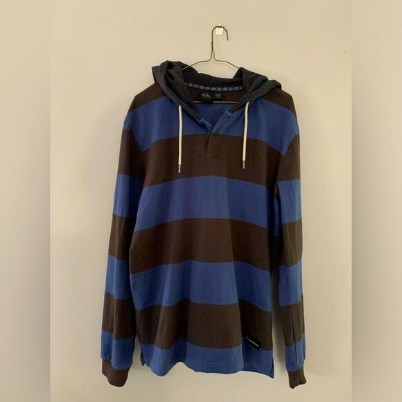 Quiksilver Pullover Hoodie Button Sweatshirt Striped Blue Brown Gray Size L - Picture 1 of 5